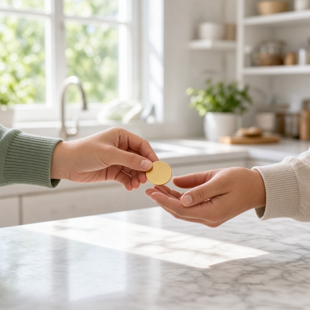 A coin held between two people before it is released