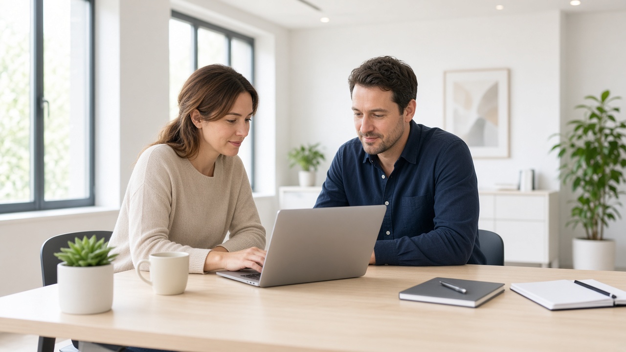 Two operations staff reviewing a case on a laptop