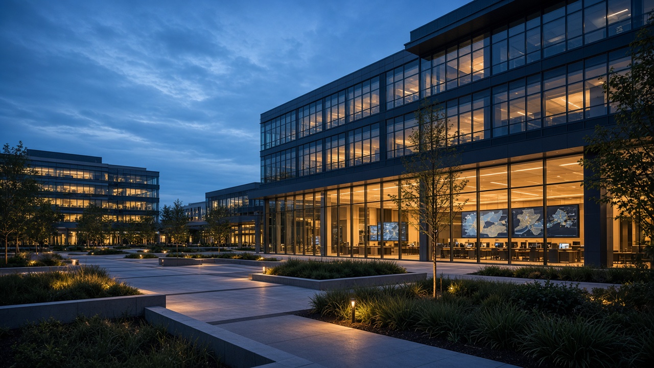 A modern campus at dusk